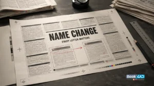 Newspaper proof showing a name change advertisement being checked before publication