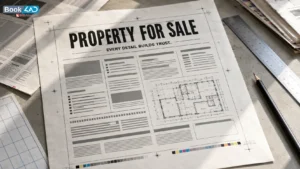 Newspaper proof containing a property-for-sale advertisement layout with property details being checked