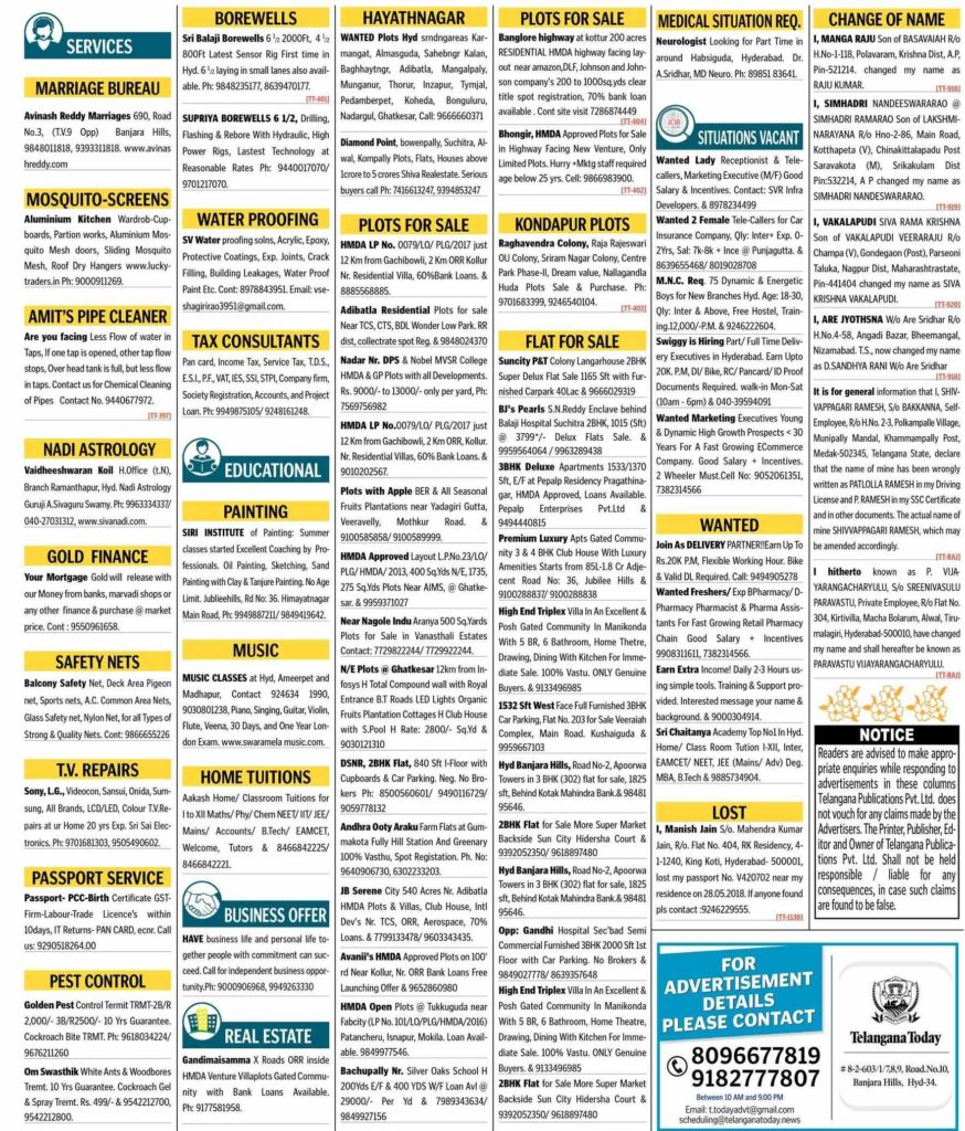 Book Telangana Today Classified Ads Online