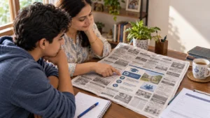 Parent and student reviewing a clear education advertisement in an Indian newspaper